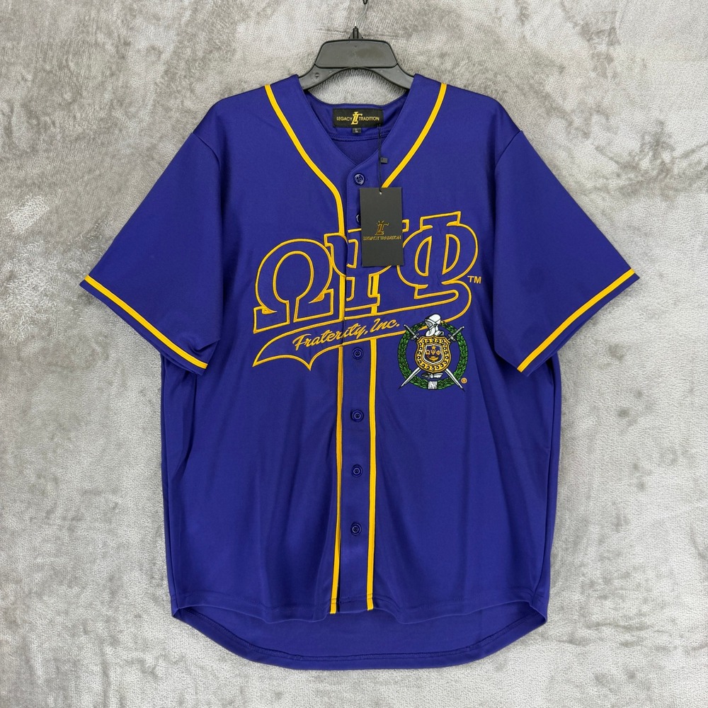 Omega Psi Phi Jersey Mens L Purple Baseball Button Down Legacy Tradition NEW